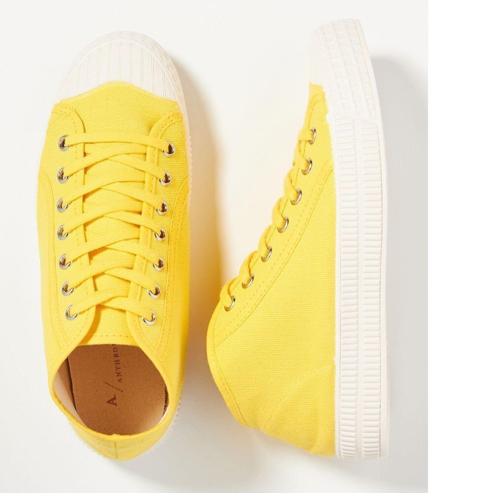 NWT Anthropologie Bright Yellow White Tie Up Canvas Tennis Sneakers